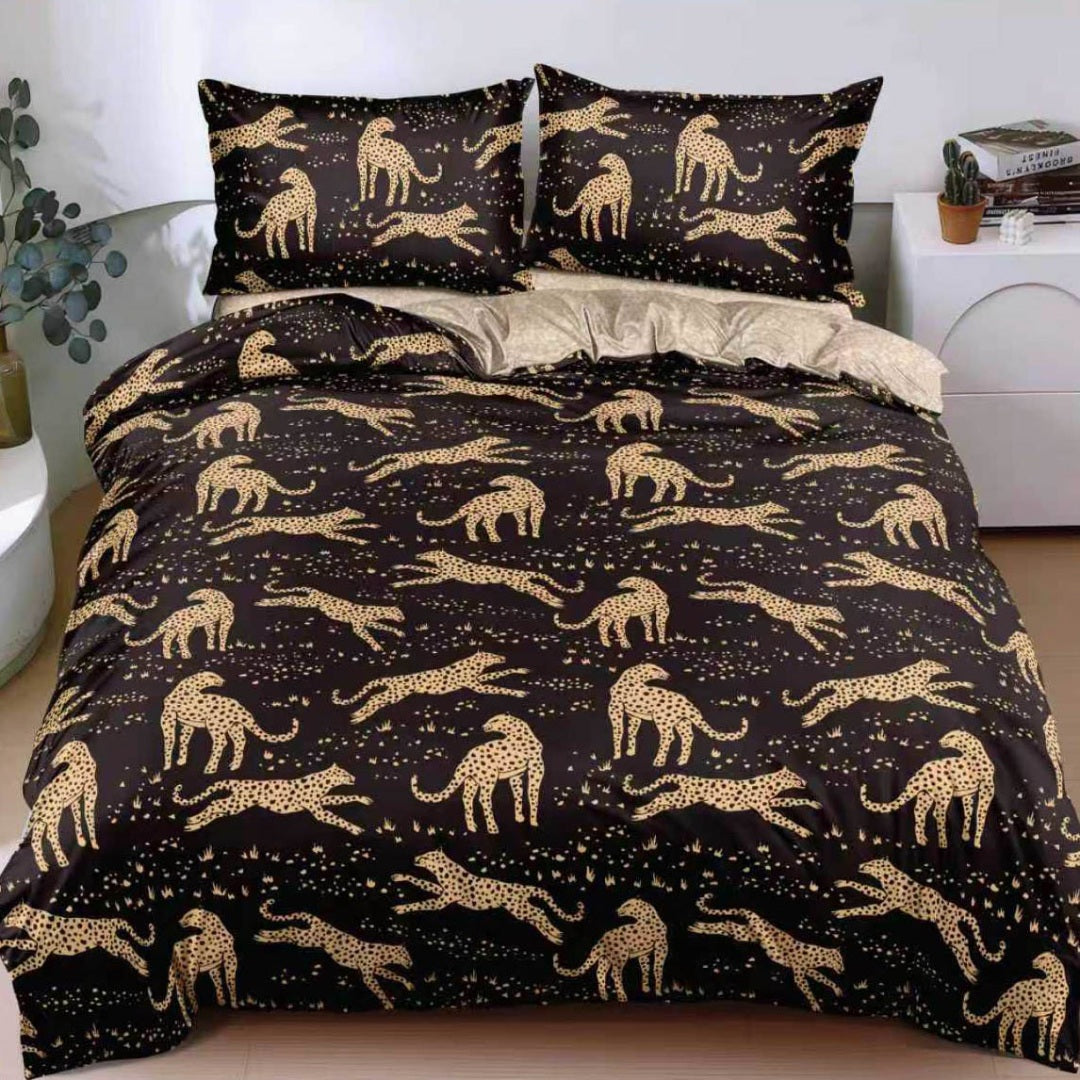 Lenjerie pat dublu, bumbac satinat, cearsaf clasic, 4 piese, Negru, leoparzi