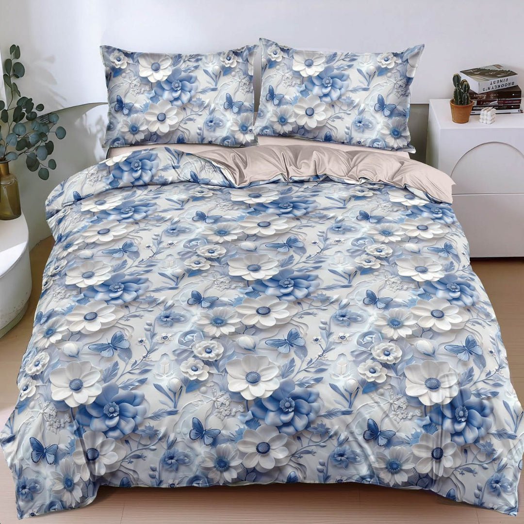 Lenjerie pat dublu, bumbac satinat, cearsaf clasic, 4 piese, Albastru, floricele