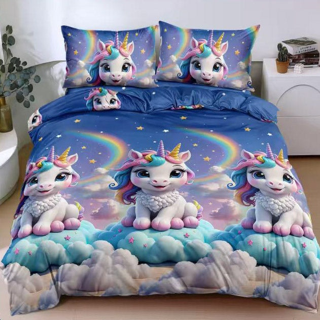 Lenjerie pat dublu, bumbac satinat, cearsaf clasic, 4 piese, Albastru, unicorni