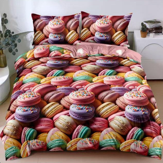 Lenjerie pat dublu, bumbac satinat, cearsaf clasic, 4 piese, Multicolor, macarons