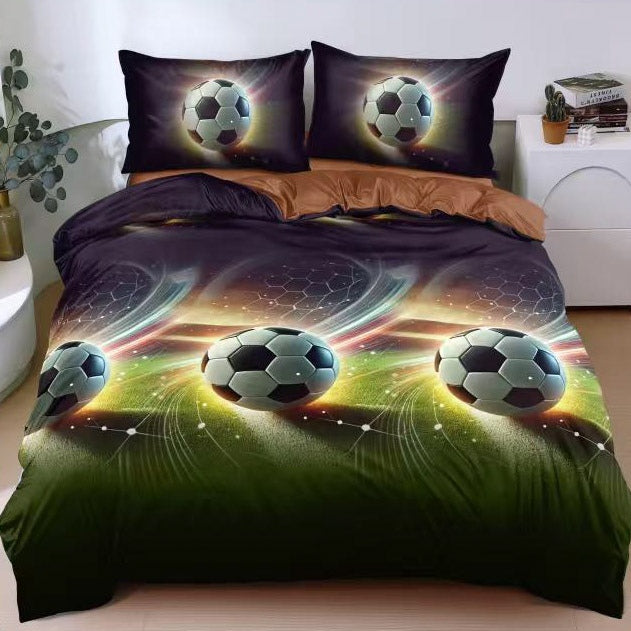 Lenjerie pat dublu, bumbac satinat, cearsaf clasic, 4 piese, Verde, Maro, mingii de fotbal