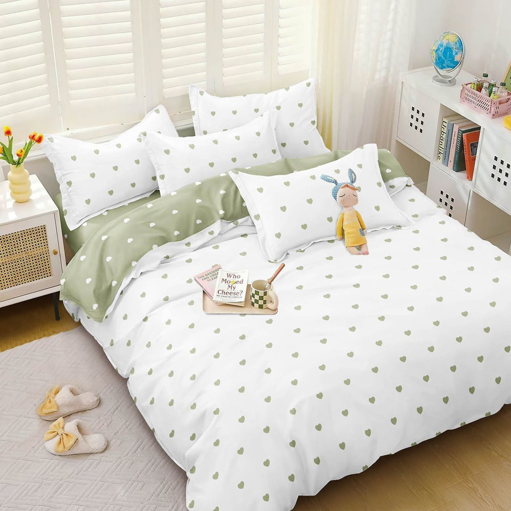 Lenjerie pat dublu, bumbac satinat, cearsaf clasic, 4 piese,  Alb, Verde, inimioare