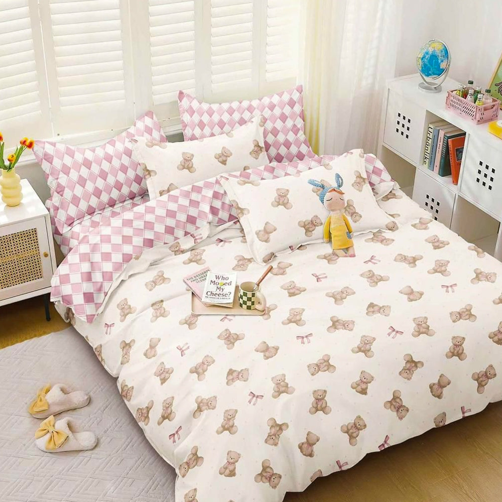 Lenjerie pat dublu, bumbac satinat, cearsaf clasic, 4 piese,  Crem, Roz, ursuleti