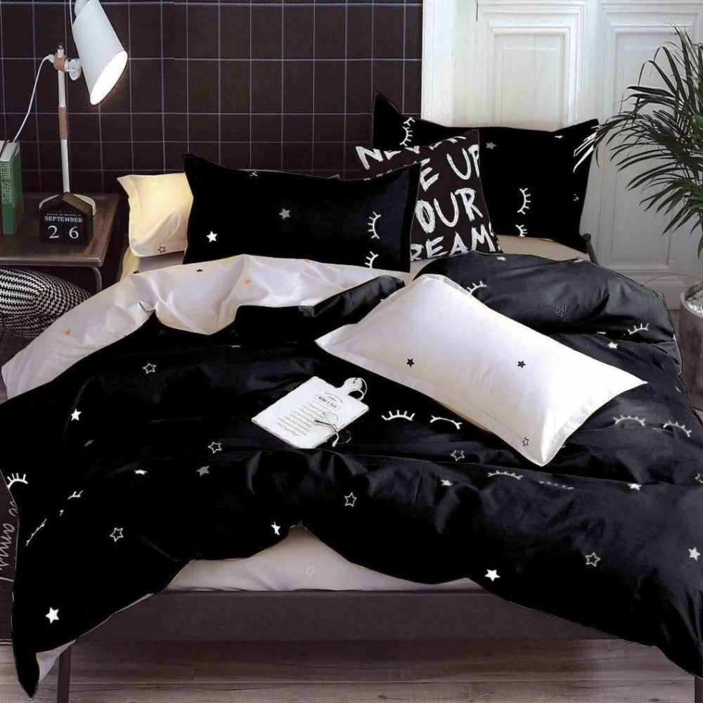 Lenjerie pat dublu, bumbac satinat, cearsaf clasic, 4 piese,  Negru, gene