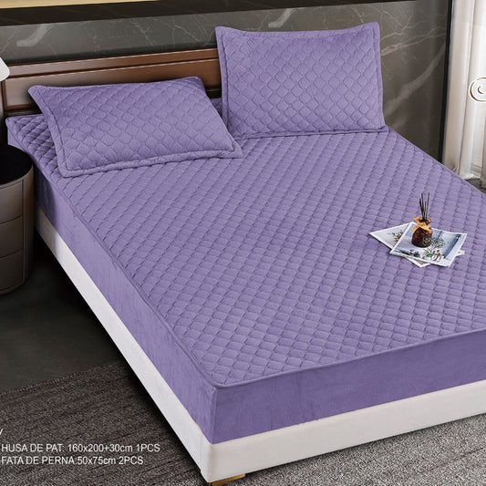 Hus? Matlasat? Tip Topper din Catifea 160x200cm, cu 2 Fe?e de Pern? 50x70cm -  Somn Odihnitor ?i Sus?inere pentru Spate, Mov