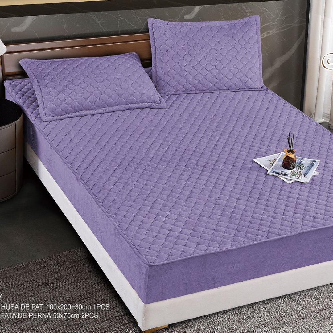 Husa Topper cu Elastic 160x200cm si 2 fete perna, Mov