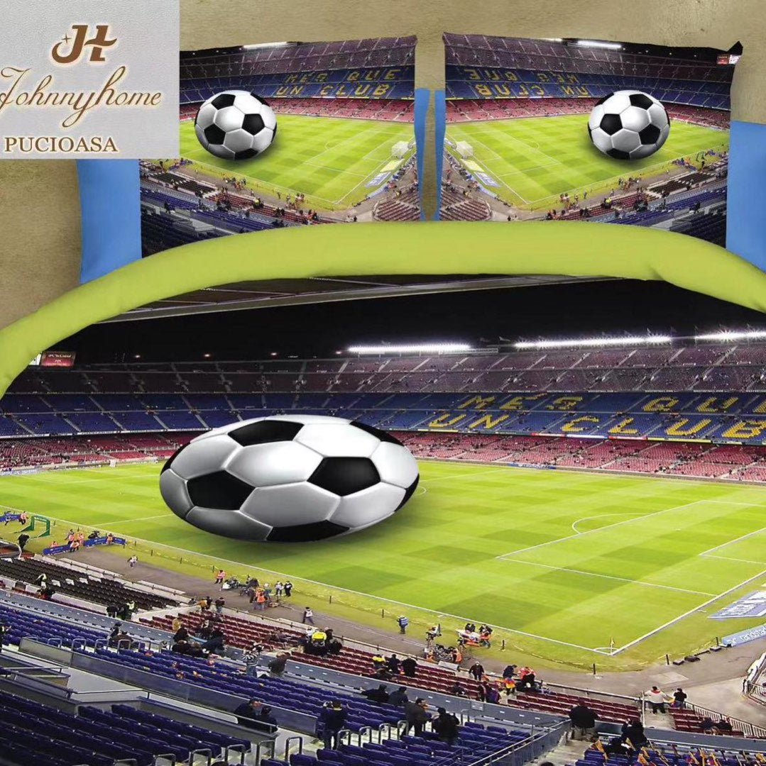 Lenjerie pat dublu, cearsaf clasic, imprimeu 3D, Verde, fotbal
