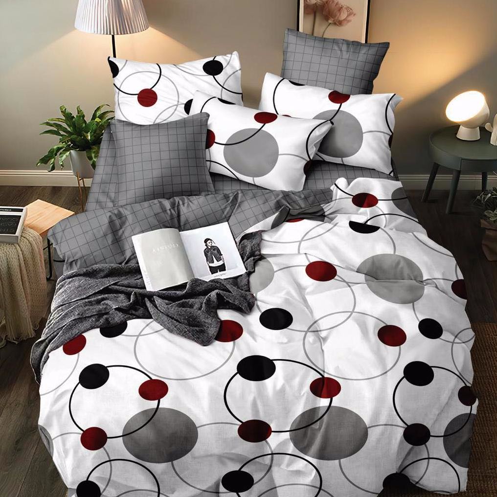 Lenjerie pat dublu, bumbac satinat, cearsaf clasic, 4 piese,  Gri, cercuri