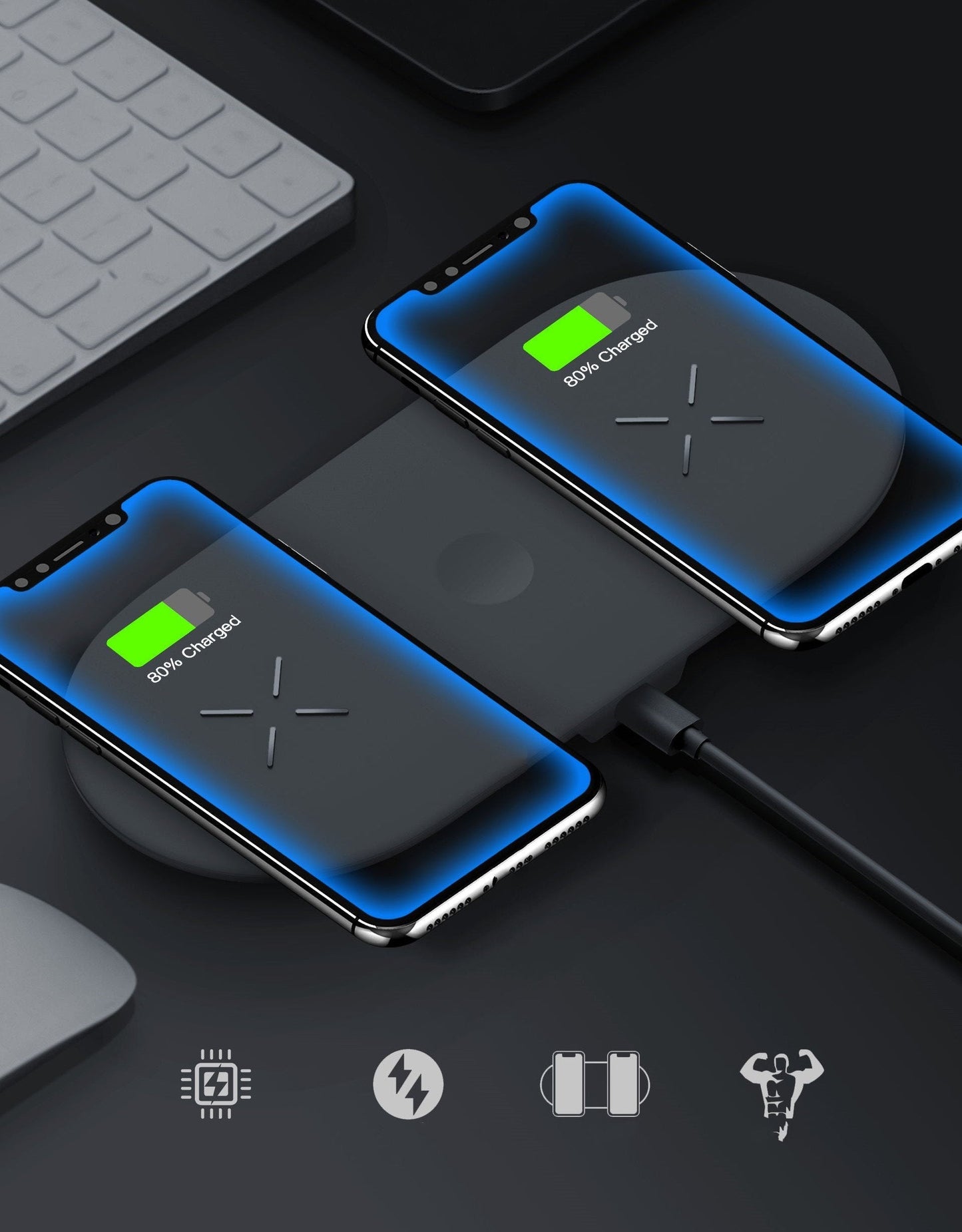 Incarcator wireless Dual Pad X2 Negru, Quick Charge, port USB, intrare micro USB/Type-C/Lightning