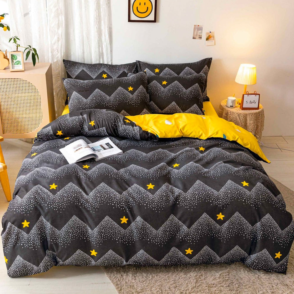 Lenjerie pat dublu, bumbac satinat, cearsaf clasic, 4 piese,  Negru, Galben, stelute