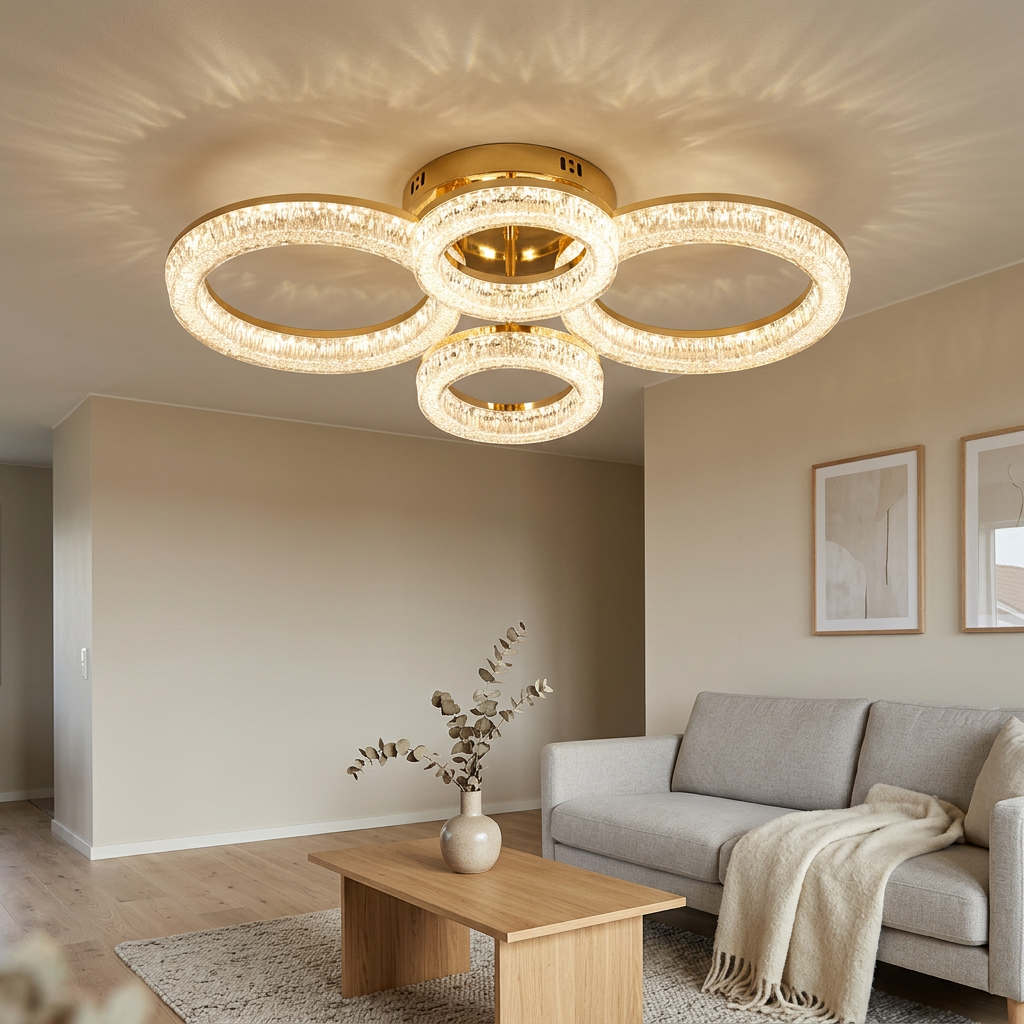 Lustra LED RFAN, Model K3536/2+2GD, Cu Telecomanda, 3 Tipuri De Lumina, Intensitate Reglabila, 120W, Auriu