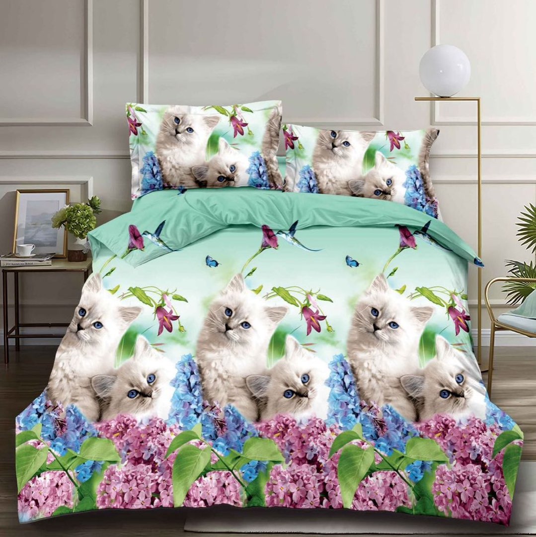 Lenjerie pat dublu, cearsaf clasic, imprimeu 3D, Bleu, flori, pisici