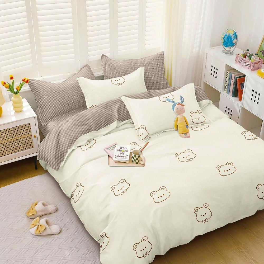 Lenjerie pat dublu, bumbac satinat, cearsaf clasic, 4 piese,  Crem, ursuleti