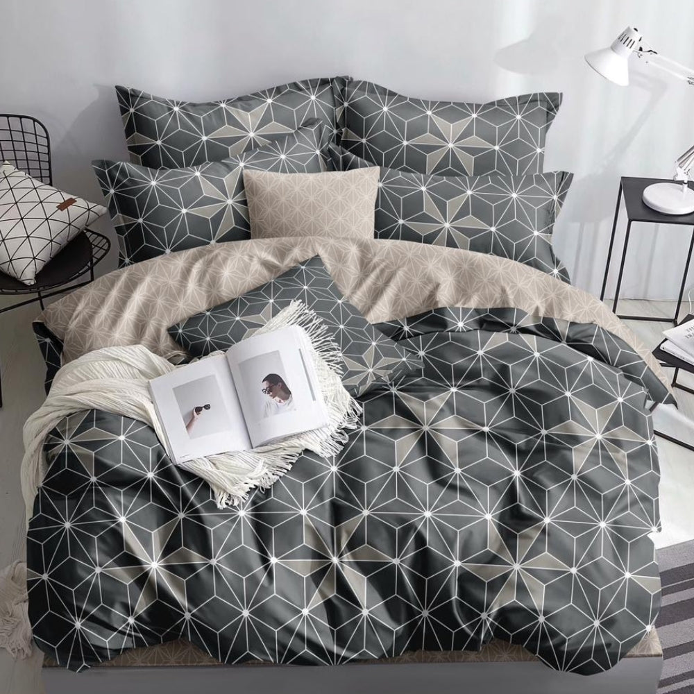 Lenjerie pat dublu, bumbac satinat, cearsaf clasic, 4 piese,  Gri, forme geometrice