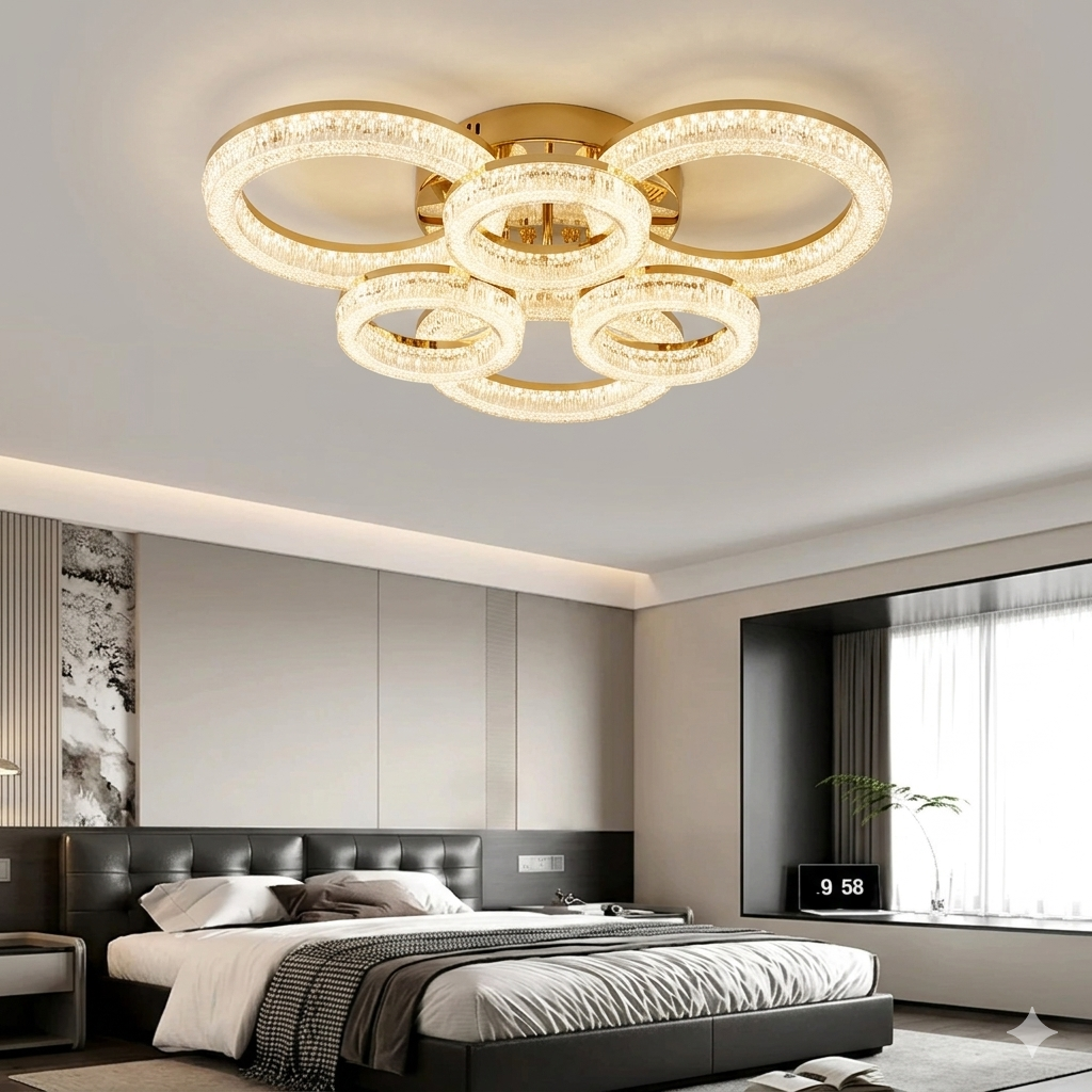 Lustra LED RFAN, Model K3536/3+3GD, Cu Telecomanda, 3 Tipuri De Lumina, Intensitate Reglabila, 200W, Auriu