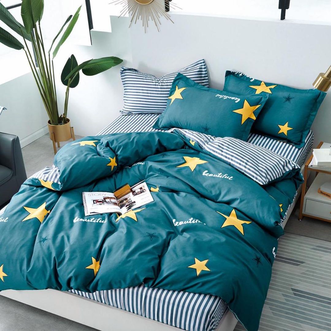 Lenjerie pat dublu cu Elastic, bumbac satinat, Turquoise, stelute SPR-E-21