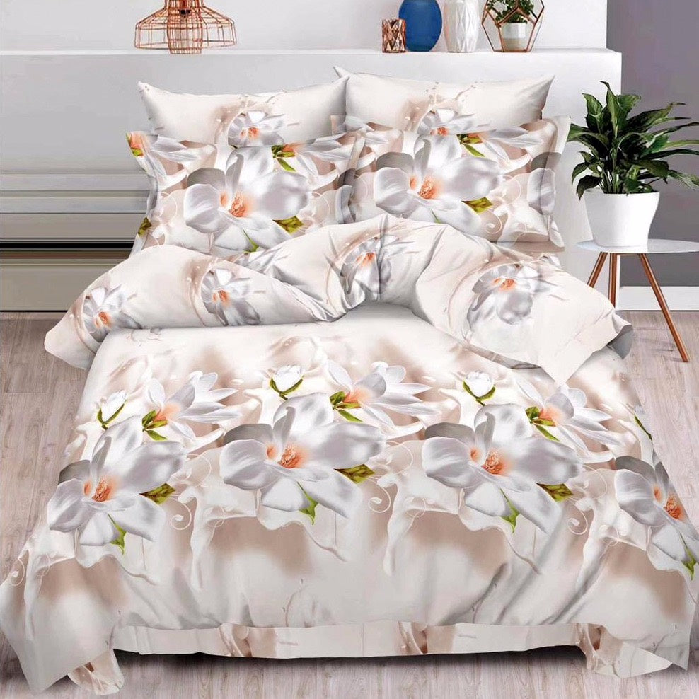 Lenjerie pat dublu, 6 Piese, imprimeu 3D, Bej, flori