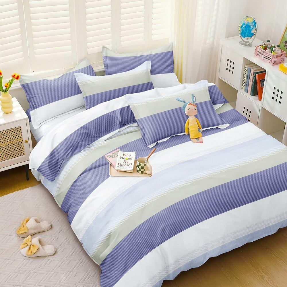 Lenjerie pat dublu, bumbac satinat, cearsaf clasic, 4 piese,  Bleu, dungi