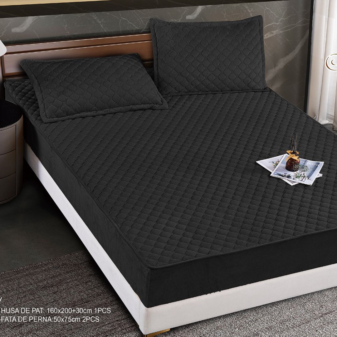 Husa Topper cu Elastic 160x200cm si 2 fete perna, Negru