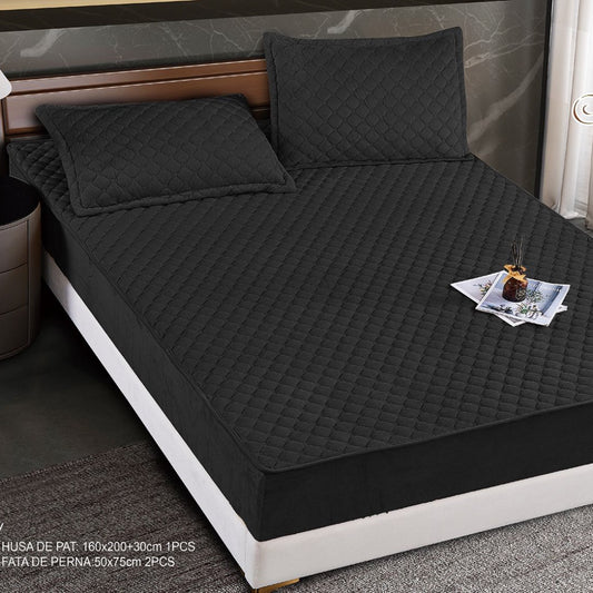 Hus? Matlasat? Tip Topper din Catifea 160x200cm, cu 2 Fe?e de Pern? 50x70cm -  Somn Odihnitor ?i Sus?inere pentru Spate, Negru