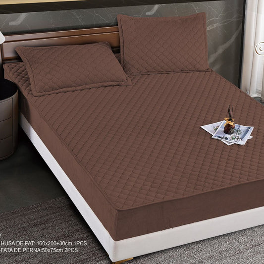 Hus? Matlasat? Tip Topper din Catifea 160x200cm, cu 2 Fe?e de Pern? 50x70cm -  Somn Odihnitor ?i Sus?inere pentru Spate, Maro