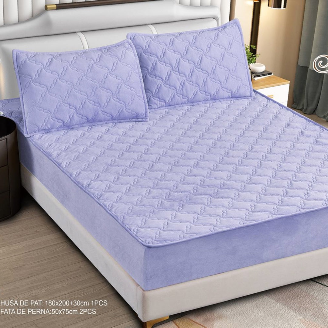 Husa Saltea cu Elastic 180x200cm tip Topper si 2 fete de perna, Lila