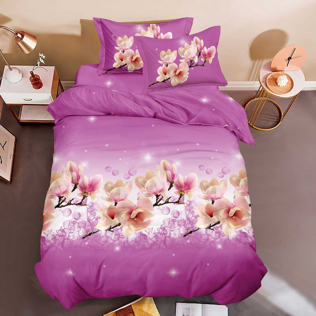 Lenjerie Pat 1 Persoana, imprimeru 3D, microfibra, Roz, magnolii