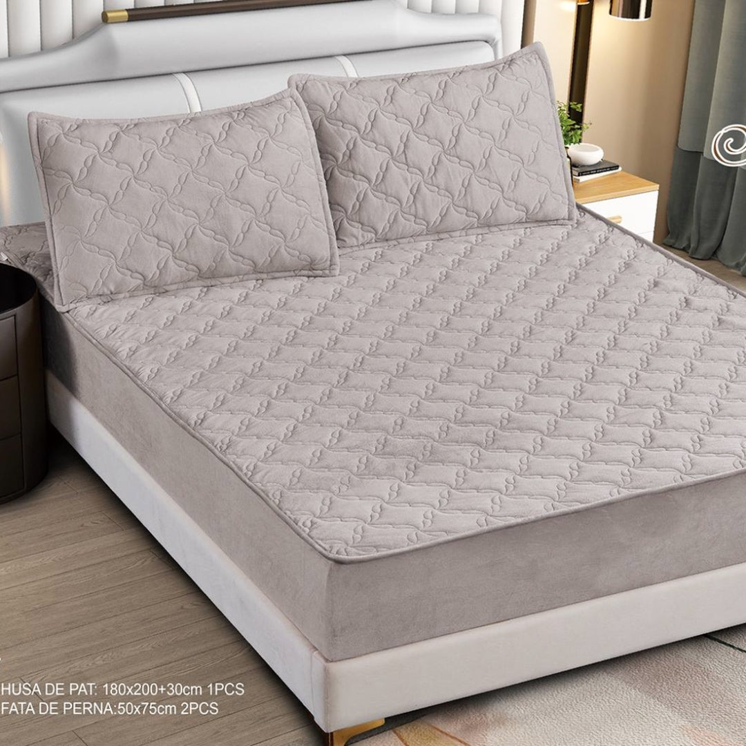 Husa Saltea cu Elastic 180x200cm tip Topper si 2 fete de perna, Grej