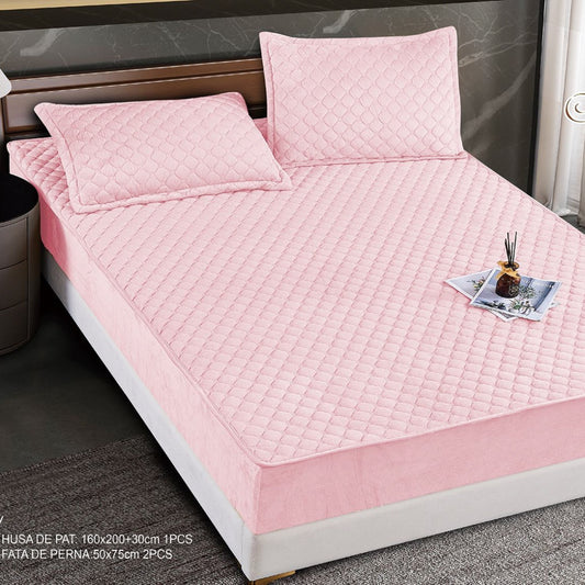 Hus? Matlasat? Tip Topper din Catifea 160x200cm, cu 2 Fe?e de Pern? 50x70cm -  Somn Odihnitor ?i Sus?inere pentru Spate, Roz