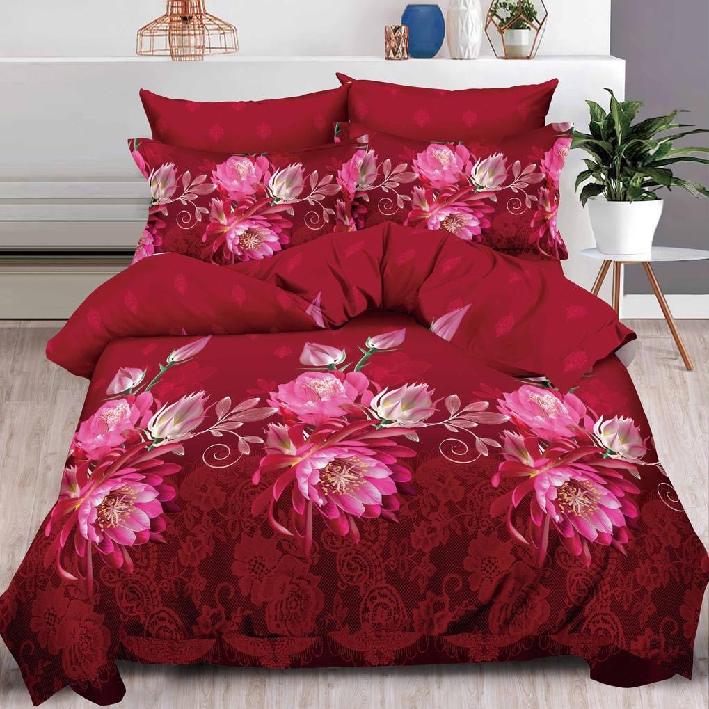 Lenjerie pat dublu, 6 Piese, imprimeu 3D, Rosu, flori