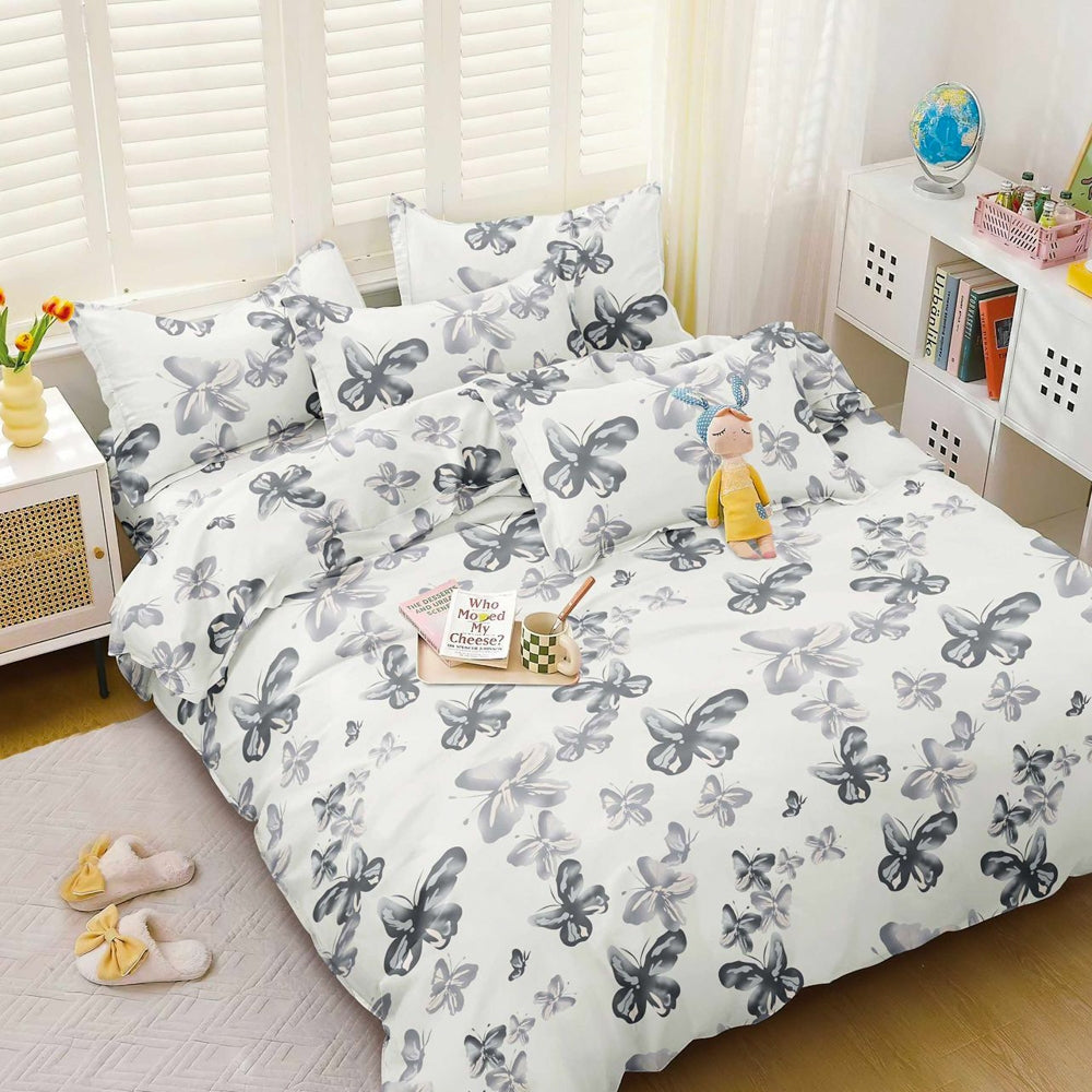 Lenjerie pat dublu, bumbac satinat, cearsaf clasic, 4 piese,  Alb, fluturi