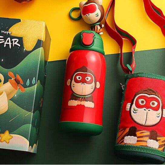 Termos Copii Cu Husa, Pai si Cana, BeddyBear, Maimuta, 630 ml, Rosu