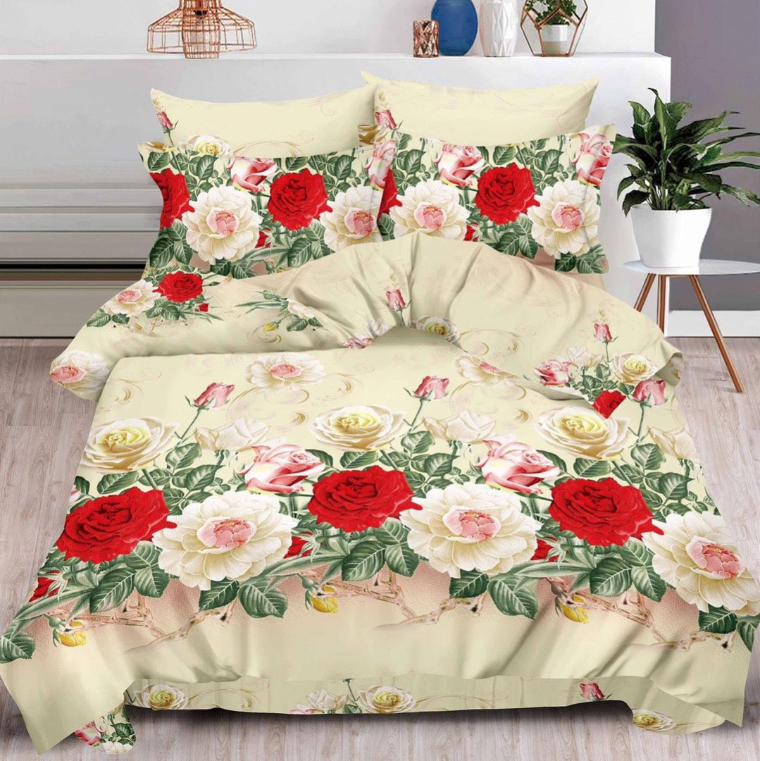 Lenjerie pat dublu, cearsaf clasic, imprimeu 3D, Bej, flori
