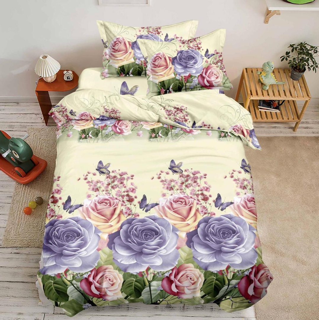 Lenjerie Pat 1 Persoana, imprimeru 3D, microfibra, Crem-Lila, trandafiri, fluturi