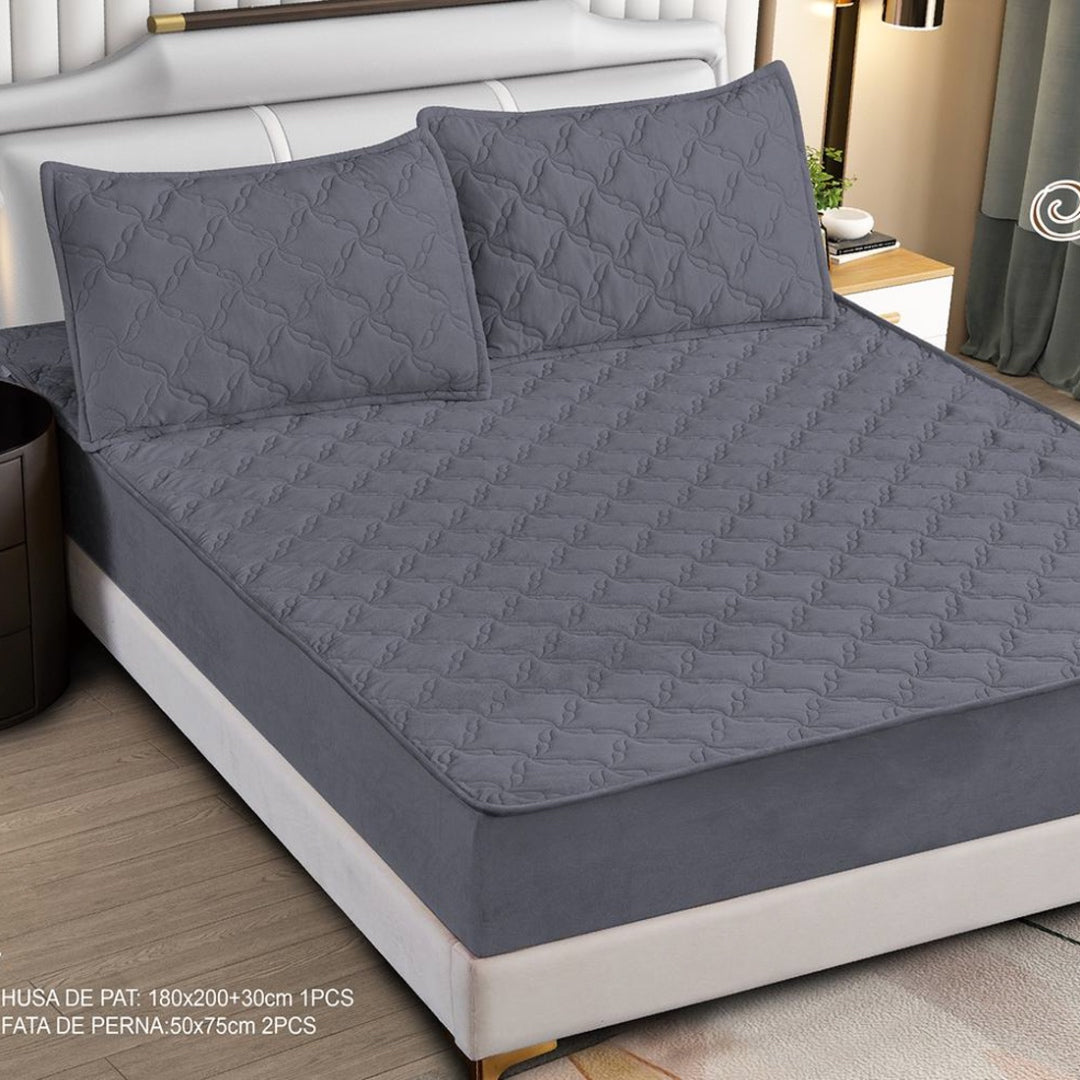 Husa Saltea cu Elastic 180x200cm tip Topper si 2 fete de perna, Gri inchis