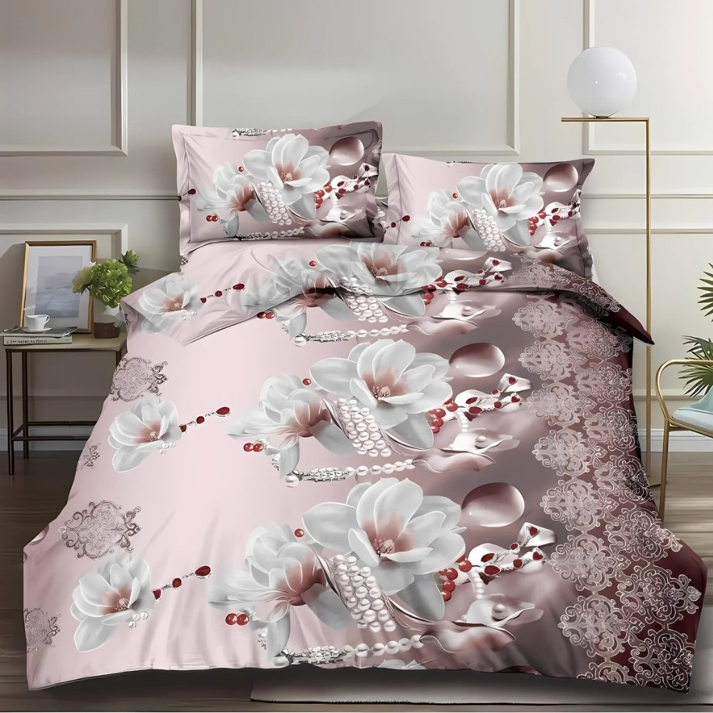 Lenjerie pat dublu, cearsaf clasic, imprimeu 3D, Maro, flori