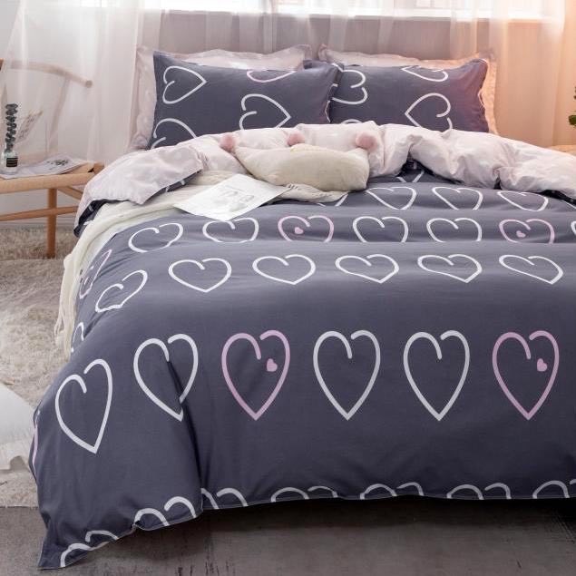 Lenjerie pat dublu, bumbac satinat, cearsaf clasic, 4 piese,  Gri, inimioare