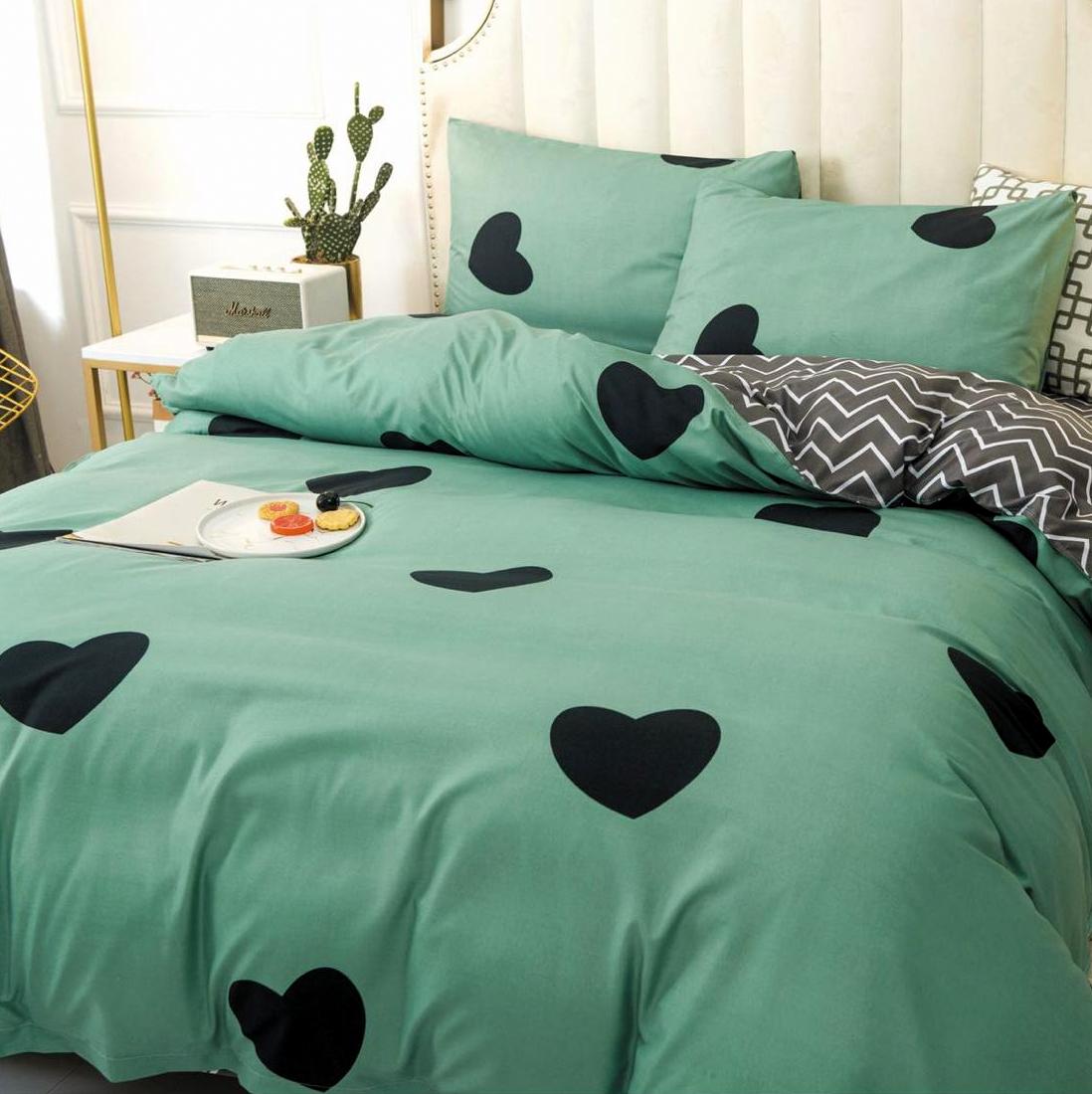 Lenjerie pat dublu cu Elastic, bumbac satinat, Verde, inimioare SPR-E-15