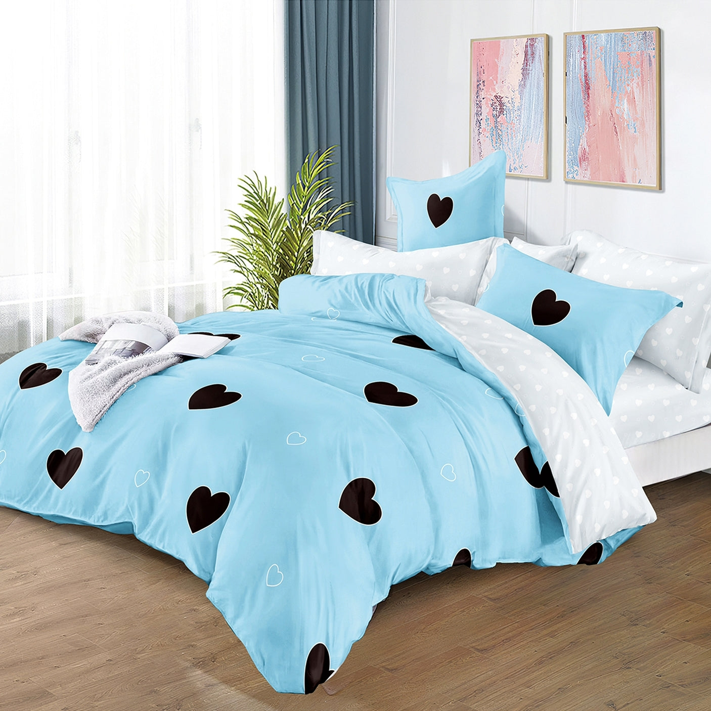 Lenjerie pat dublu cu Elastic, bumbac satinat, Bleu, inimioare SPR-E-33