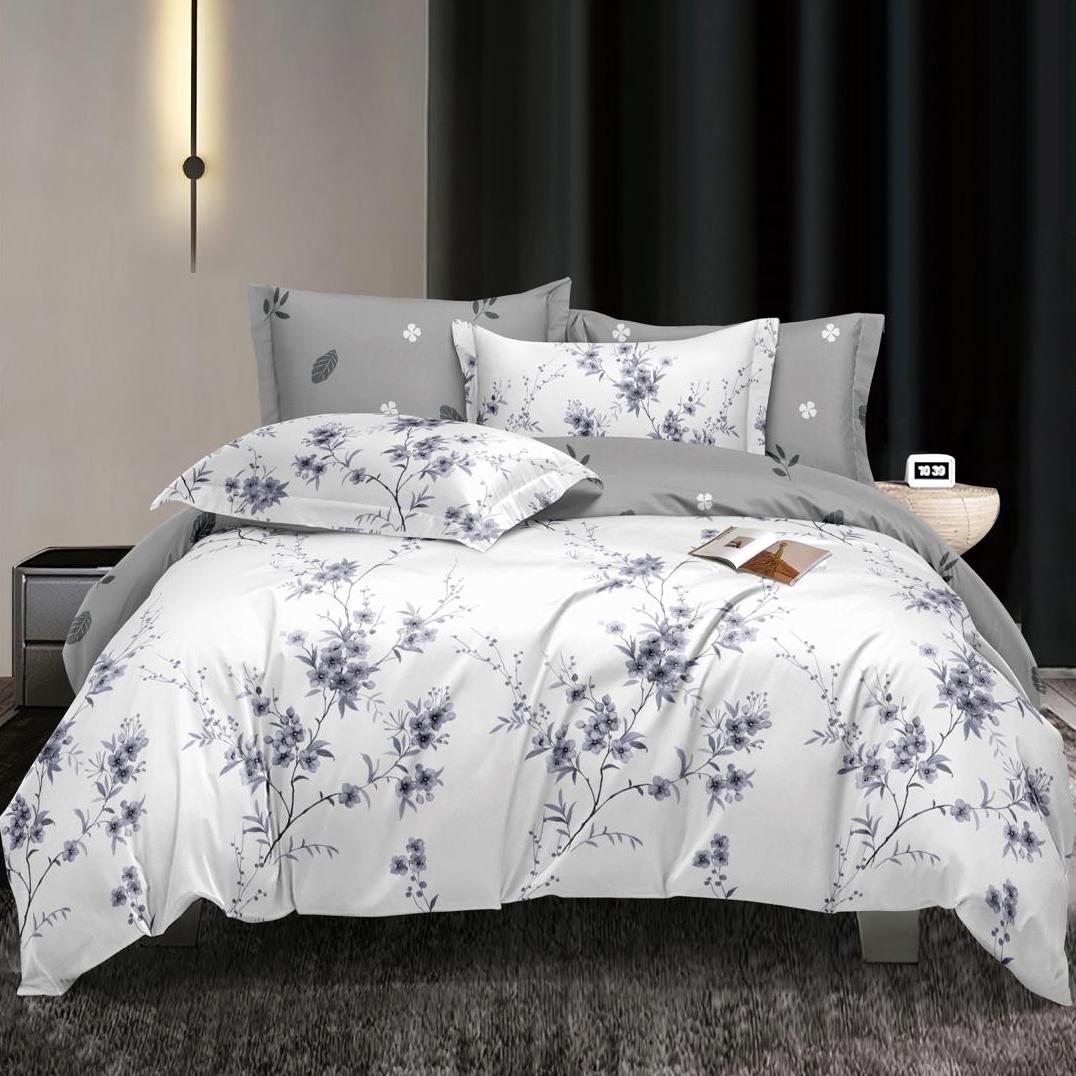 Lenjerie pat dublu cu Elastic, bumbac satinat, Gri, flori SPR-E-69