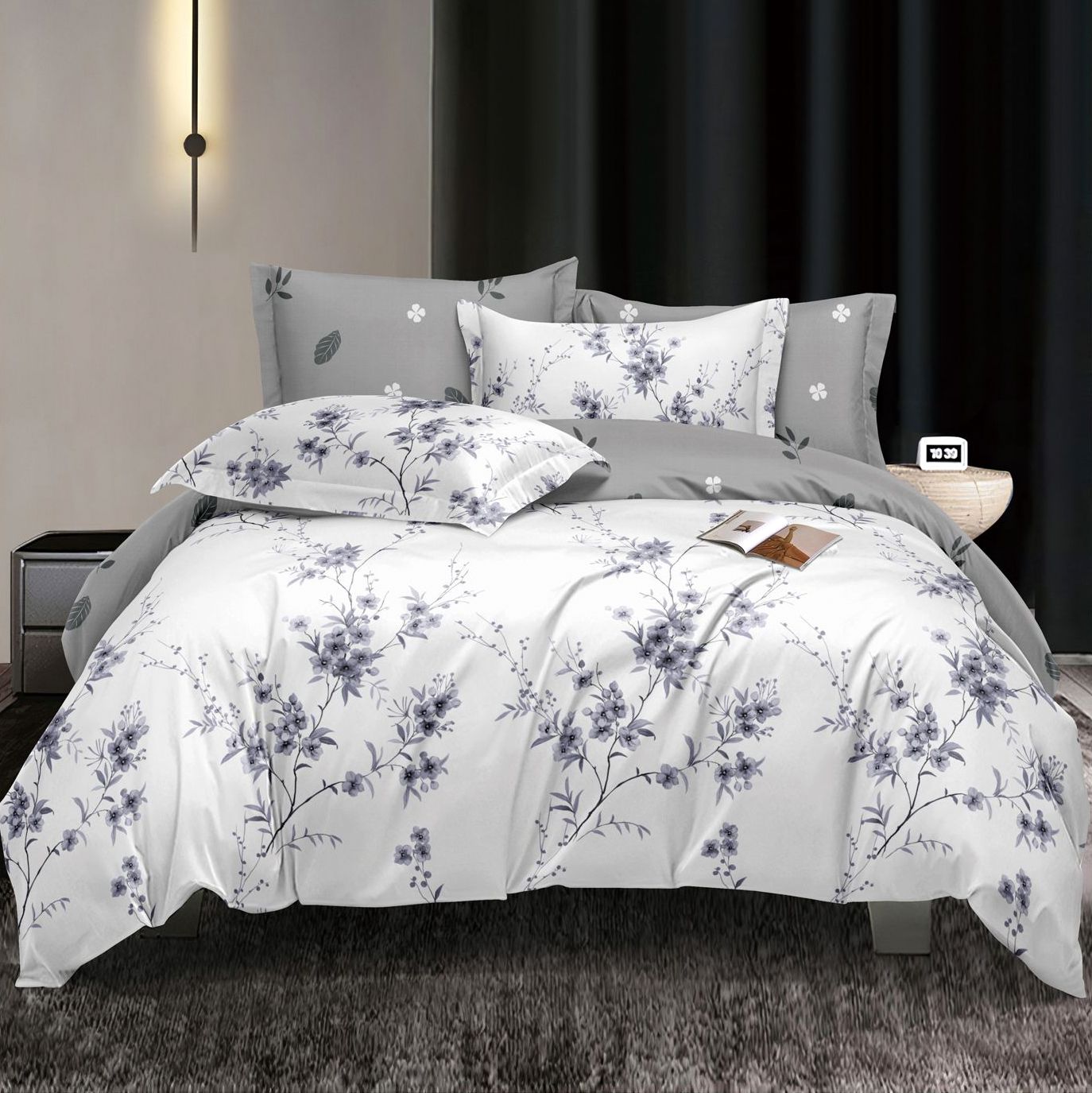 Lenjerie pat dublu, bumbac satinat, cearsaf clasic, 4 piese,  Gri, flori