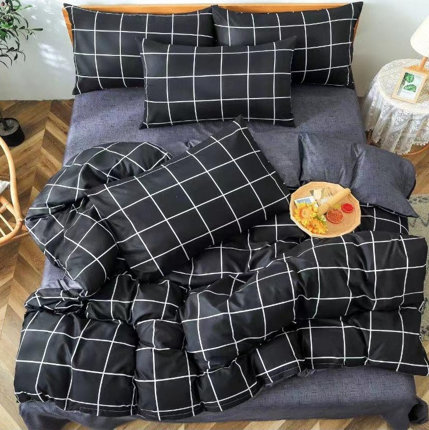 Lenjerie pat dublu, bumbac satinat, cearsaf clasic, 4 piese,  Gri, patratele