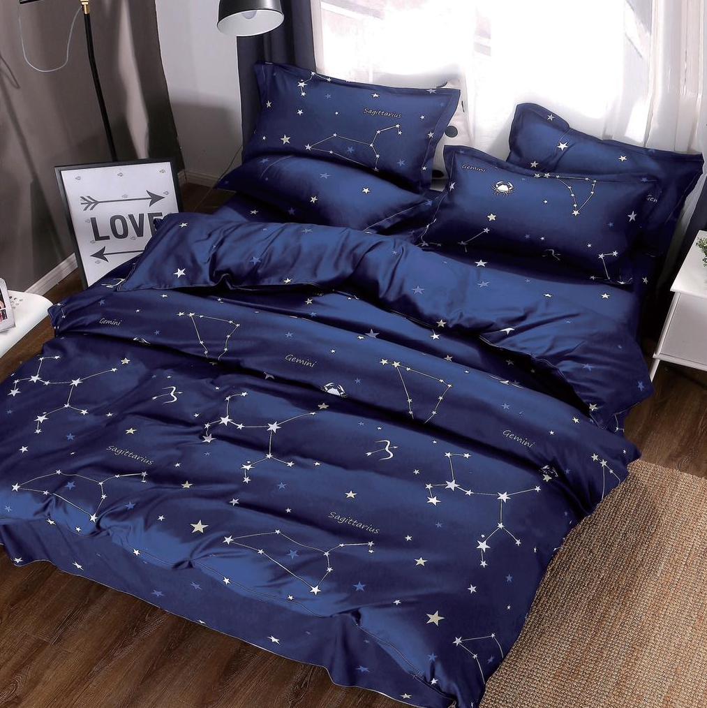 Lenjerie pat dublu, bumbac satinat, cearsaf clasic, 4 piese,  Bleumarin, stelute