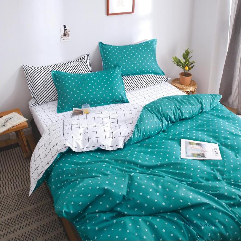 Lenjerie pat dublu, bumbac satinat, cearsaf clasic, 4 piese,  Verde, stelute