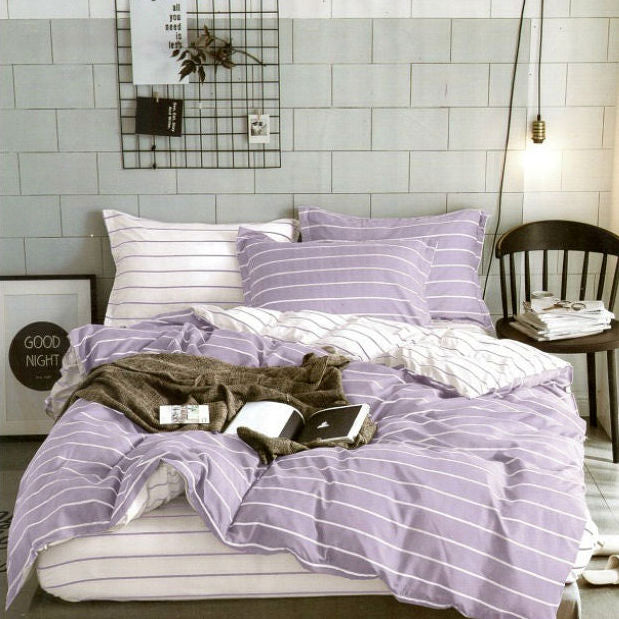 Lenjerie pat dublu, bumbac satinat, cearsaf clasic, 4 piese,  Lila, dungi