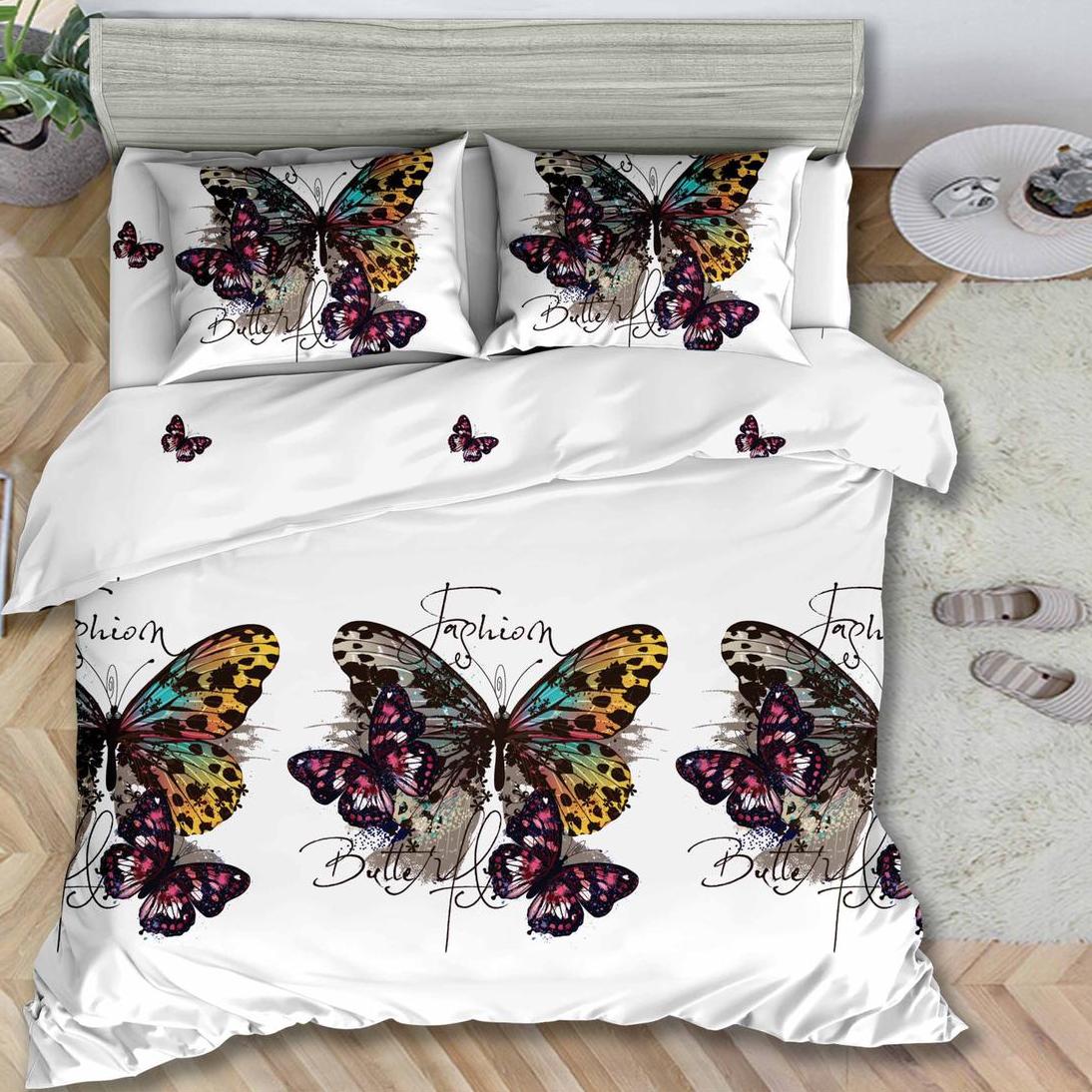 Lenjerie pat dublu, cearsaf clasic, imprimeu 3D, Mov, fluturi