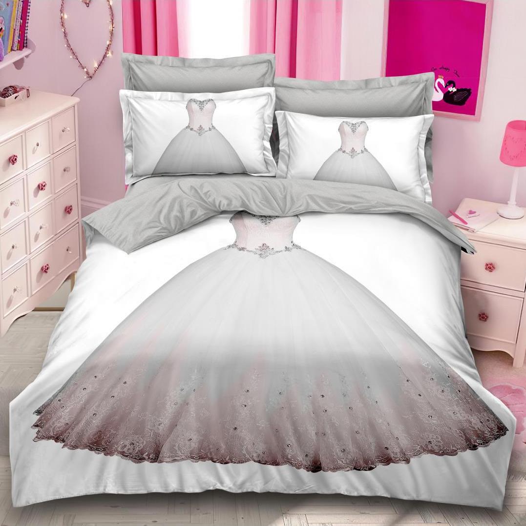 Lenjerie Finet Digital Print, pat dublu, 6 piese, Alb, rochie de mireasa