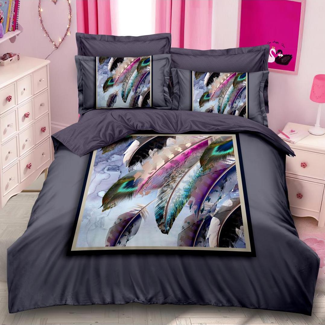 Lenjerie Finet Digital Print, pat dublu, 6 piese, Gri antracit, pene