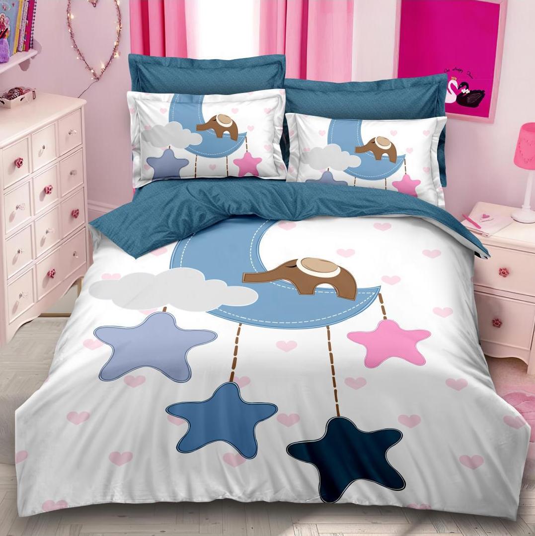 Lenjerie Finet Digital Print, pat dublu, 6 piese, Albastru, stelute