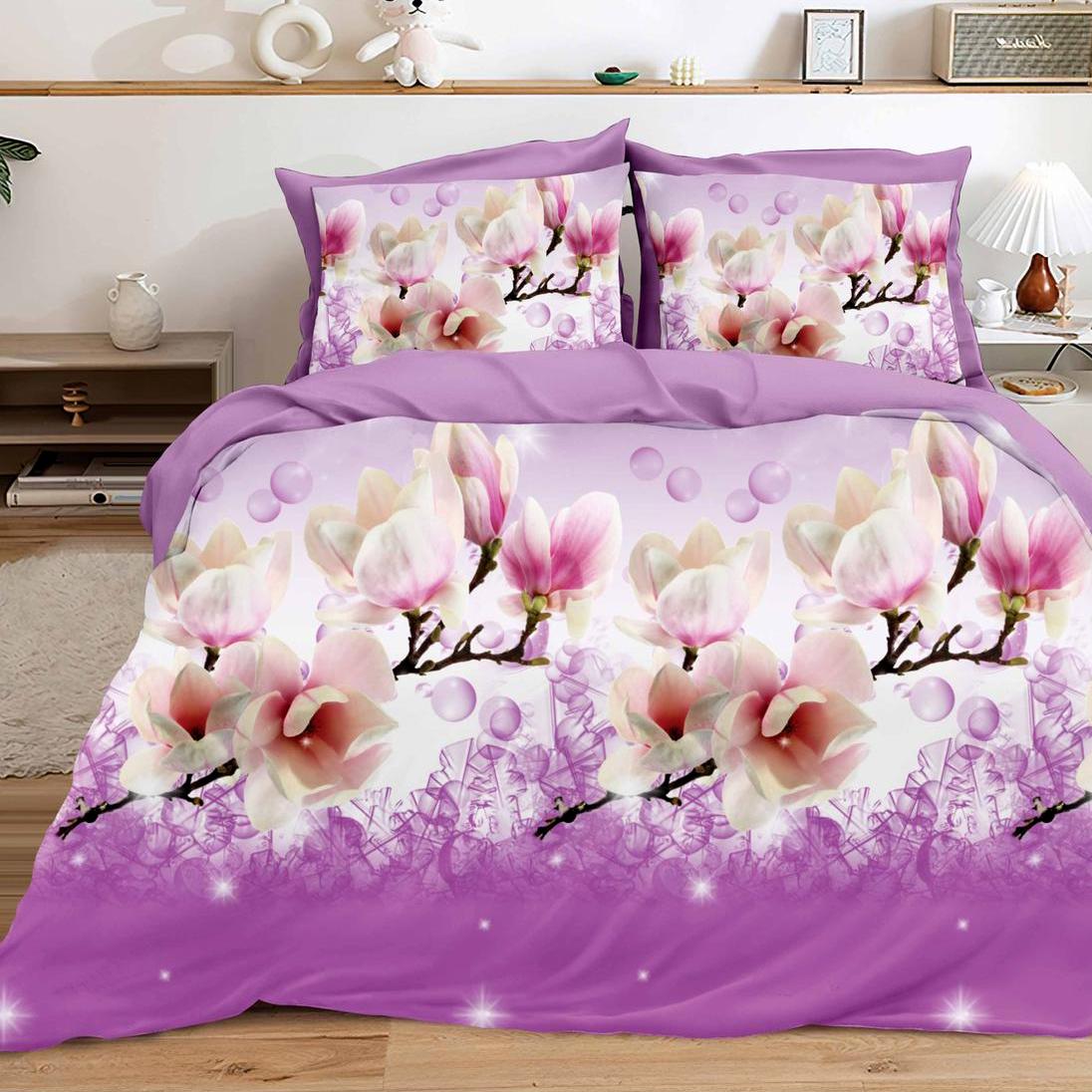 Lenjerie pat dublu, cearsaf clasic, imprimeu 3D, Mov, magnolii